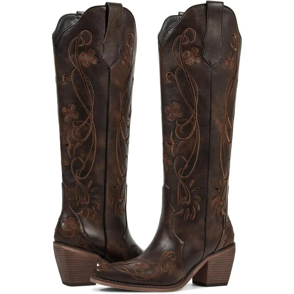 Women's Dark Brown Western Boots with Floral Embroidered Pointed Toe Chunky Heel - Picture 2 of 6